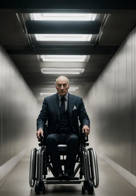 ((body portrait, sexual pose, body shot, night time)), professional intricately detailed award winning glamor photograph, Charles Xavier wearing a suit sitting in his (futuristic wheelchair:1.4) in a mechanical high tech corridor, steel walkway, elderly bald man in a (robotic wheelchair with chrome plating:1.5), wearing simple suit, Patrick Stewart|(James McAvoy:0.3), wrinkles, liver spots, highly detailed, professional, soft volumetric lighting, realistic, roughness, ultra realistic, photographed on a Canon EOS R5, 50mm lens, muted colors, F/2.8, HDR, 8k resolution, highres, high detail, sharp focus, smooth, roughness, real life, photorealism, photography, 8k uhd, cinematic film still from X-men The Last Stand