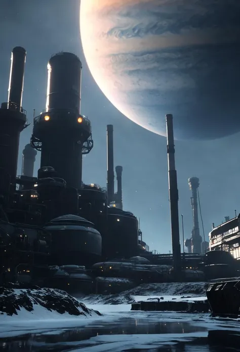 industrial refiner plant on an ice world, enormous planet Jupiter fills the sky, Jupiter background, cinematic film still from Starship Troopers|mass effect|blade runner|the expanse