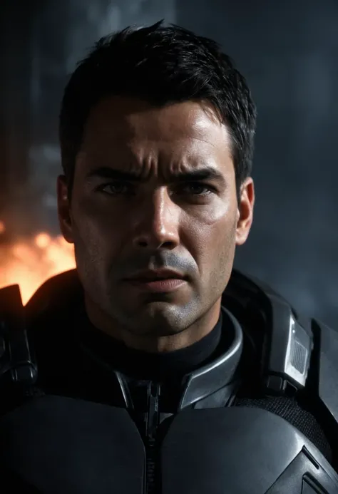 facial close up portrait, man in a mech suit, terrified face, black hair stubble, battlefield, explosions, destruction, action pose, cinematic film still from Starship Troopers|mass effect|blade runner|the expanse