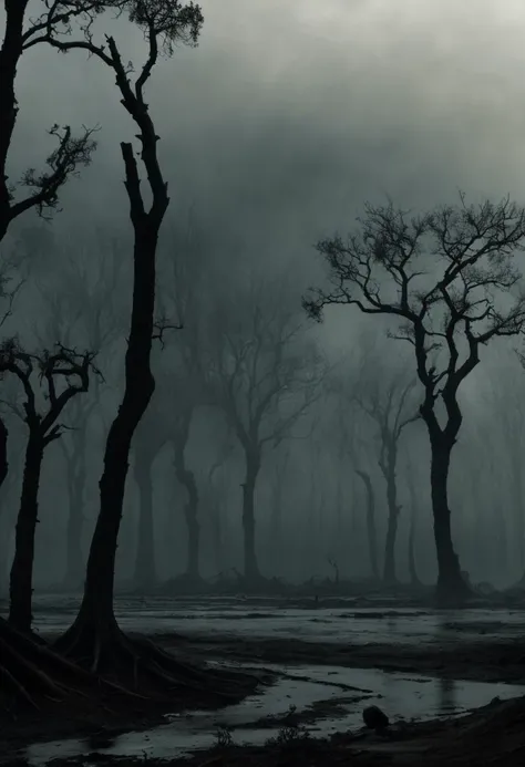 barren landscape, tar pits and poisonous fumes, ash, lifeless and dead, dead twisted trees, cinematic film still, directed by Denis Villeneuve|Zack Snyder, steampunk masterpiece, (victorian style:1.2)