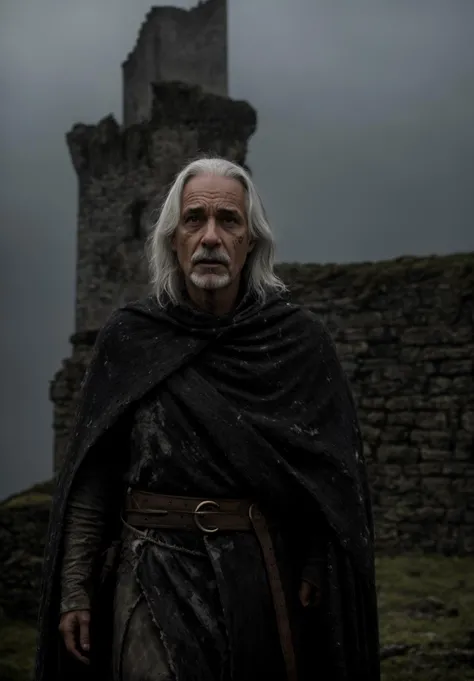 analog, raw, amateur photograph, majestic intricately detailed glamor photograph, (close up upper body shot, 1man, decrepit geriatric male wizard, thin grey hair, balding, liver spots, blemishes, birth mark, scars, wrinkles, cataracts, missing teeth:1.4), detailed (troubled expression:1.5), (embroidered ragged cloak, standing on the battlements of a ruined castle:1.4), terrible, in a dank and dark, dimly lit, just depressing really, crumbling stone work, rubble, (grey overcast gloomy sky, fog, mist, distant coast:1.2),, dynamic angle, professional, soft lighting, smooth, roughness, real life, cinematic film still from (evil dead:0.4)|(cannibal holocaust:0.1)|game of thrones:0.3)|(vikings:0.3)|Scary Stories To Tell In the Dark|doom|the void, dark fantasy style,