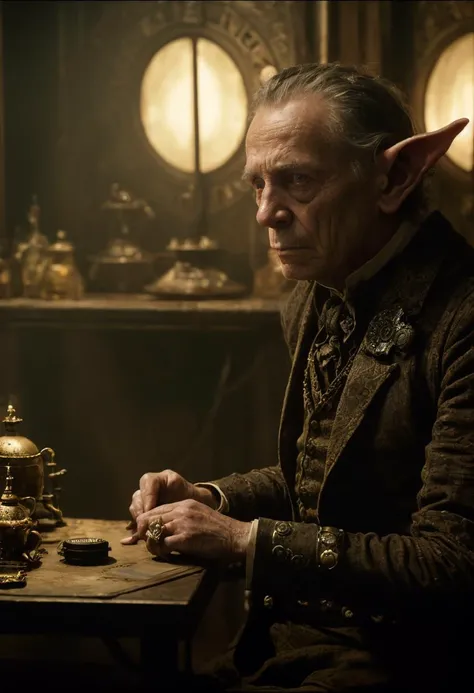 wrinkled elderly goblin watch maker, cinematic film still, directed by Denis Villeneuve|Zack Snyder, steampunk masterpiece, (victorian style:1.2)