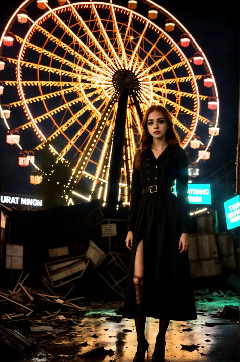 tv_Siobhan_MXAI, waring a goth dress, goth makeup, black lips, standing in an abandoned amusement park at night, (dilapidated stalls, (rust:1.1), (wrecked ferris wheel:1.2), (rubbish, rubble:1.1), deep shadows, highly detailed, professional, night sky, soft volumetric lighting, realistic, roughness, ultra realistic, photographed on a Canon EOS R5, 50mm lens, muted colors, F/2.8, HDR, 8k resolution, highres, high detail, sharp focus, smooth, roughness, real life, photorealism, photography, 8k uhd, cinematic film still
