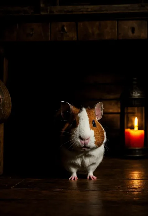 cavia guinea pig in a tavern; vignette, , cinematic film still from (evil dead:0.4)|(cannibal holocaust:0.1)|game of thrones:0.3)|(vikings:0.3)|Scary Stories To Tell In the Dark|doom|the void, dark fantasy style,
