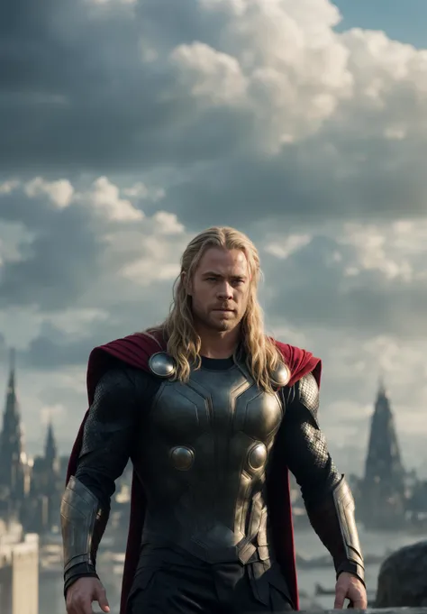 ((best quality)),((masterpiece)),((ultra realistic)),professional intricately detailed award winning portfolio photograph,Thor from the avengers standing on the rainbow bridge with the scifi majestic Asgard city in the background,Chris Hemsworth|(hugh jackman:0.8),windblown cape,(vast sprawling white fantasy city,white fluted spires,gold rooftops,epic domes,clear sunny sky:1.3),highly detailed,depth of field,((close upper body portrait)),professional,realistic,roughness,ultra realistic,photographed on a Canon EOS R5,50mm lens,muted colors,F/2.8,HDR,8k resolution,highres,high detail,sharp focus,smooth,roughness,real life,photorealism,photography,8k uhd,cinematic film still from the avengers|Thor,