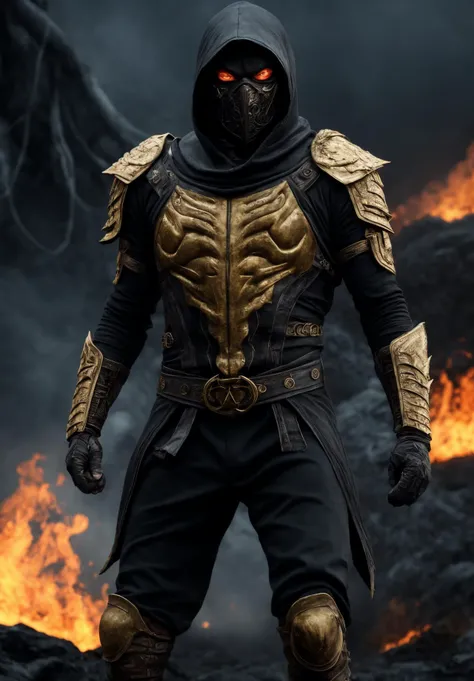((intricate details)), body shot of scorpion from mortal combat, (glowing|burning eyes:1.2), yellow and gold and black ninja outfit, sleeveless tunic, black (leather hood:1.2), (yellow mask:1.1), grey ashen barren dark hell landscape background, (Cinematic film still from (evil dead:0.4)|(cannibal holocaust:0.1)|game of thrones:0.3)|(vikings:0.3)|Scary Stories To Tell In the Dark|doom|the void,film grain:1.1)