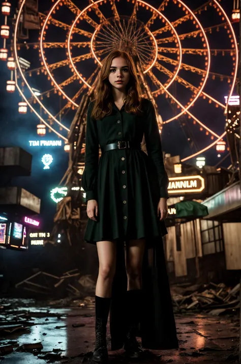 tv_Siobhan_MXAI, waring a goth dress, goth makeup, black lips, standing in an abandoned amusement park at night, (dilapidated stalls, (rust:1.1), (wrecked ferris wheel:1.2), (rubbish, rubble:1.1), deep shadows, highly detailed, professional, night sky, soft volumetric lighting, realistic, roughness, ultra realistic, photographed on a Canon EOS R5, 50mm lens, muted colors, F/2.8, HDR, 8k resolution, highres, high detail, sharp focus, smooth, roughness, real life, photorealism, photography, 8k uhd, cinematic film still