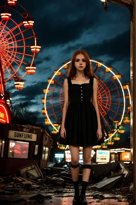 tv_Siobhan_MXAI, waring a goth dress, goth makeup, black lips, standing  in an abandoned amusement park at night, (dilapidated stalls, (rust:1.1), (wrecked ferris wheel:1.2), (rubbish, rubble:1.1), deep shadows, highly detailed, professional, night sky, soft volumetric lighting, realistic, roughness, ultra realistic, photographed on a Canon EOS R5, 50mm lens, muted colors, F/2.8, HDR, 8k resolution, highres, high detail, sharp focus, smooth, roughness, real life, photorealism, photography, 8k uhd, cinematic film still