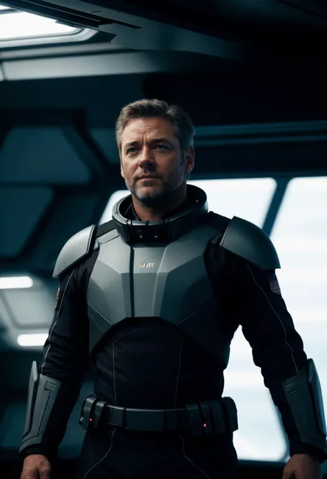 professional portfolio photograph, 1man, a handsome starship captain, (Henry Cavill:0.7)|Hugh Jackman|Russell Crowe, well fitting futuristic space commander uniform, stubble, on the bridge of an advanced space faring war ship, high tech computers,, crew in the background, film grain, soft edge lighting, photographed on a Canon EOS R5, 50mm lens, F/2.8, HDR, professional, backlit, high contrast, (deep shadows:1.5), warm vibrant colors, lens flare, cinematic Film still from the expanse|(mass effect:0.6)