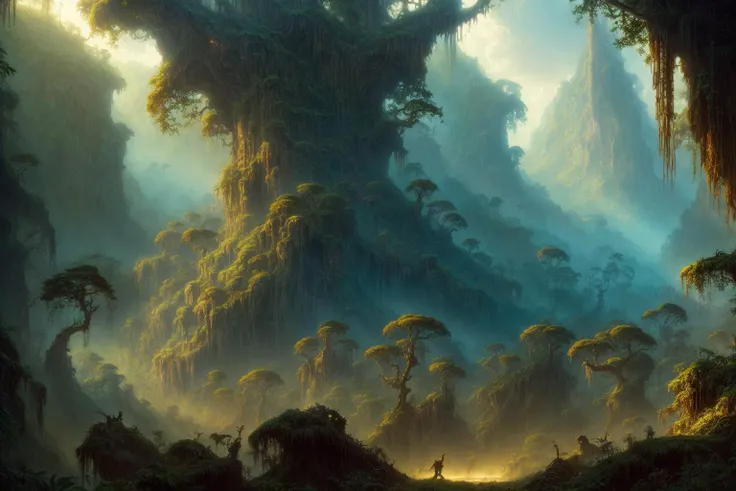 Masterpiece, retro fantasy, by Frank Frazetta, by Gerald Brom, retro fantasy artwork of an eerie jungle landscape, dense jungle, vines, intricate details, uhd, 4k, hdr,