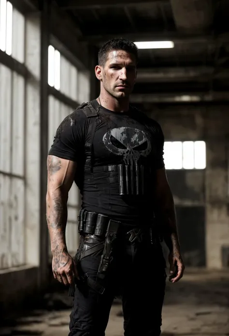 ((body portrait, body shot, aggressive posture)), professional intricately detailed award winning glamor photograph, The Punisher in a dark vacant warehouse, Jon Bernthal|Thomas Jane, military harness, (filthy skin, dried blood:1.3), (combat trousers, ripped filthy (black t-shirt with the punisher symbol:1.2):1.2), white skull on t-shirt, deep shadows, highly detailed, professional, soft volumetric lighting, realistic, roughness, ultra realistic, photographed on a Canon EOS R5, 50mm lens, muted colors, F/2.8, HDR, 8k resolution, highres, high detail, sharp focus, smooth, roughness, real life, photorealism, photography, 8k uhd,