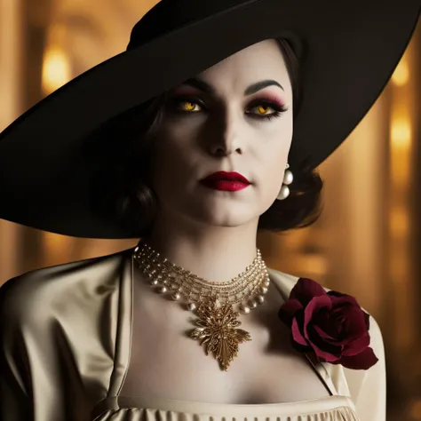 Best_QualityPos, RAW photo, intricate details, best quality, 8k uhd, soft lighting, 1girl, solo, alcina dimitrescu, hat, black hat, short hair, black hair, yellow eyes, colored skin, grey skin, dress, white dress, collarbone, rose, black flower, black rose, jewelry, earrings, necklace,  lipstick, makeup <lora:Alcina_Dimitrescu:0.7> <lora:exposure_control_v10:-0.4>