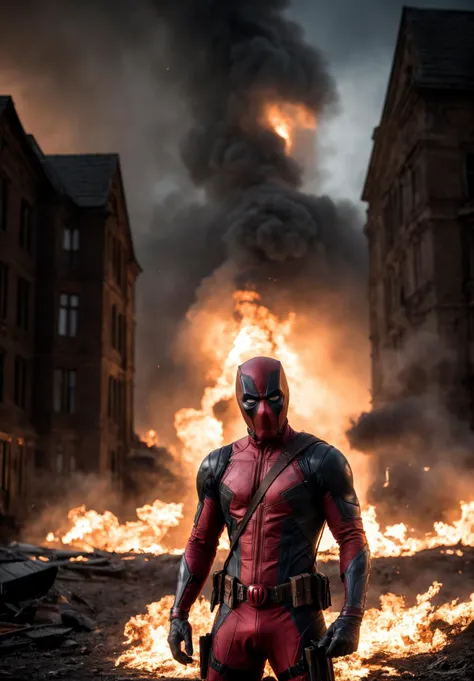 analog, raw, amateur photograph, majestic intricately detailed glamor photograph, close up upper body portrait, deadpool standing in front of an exploding stately home, intricately detailed filthy ripped red deadpool outfit, massive explosion, rubble, burning manor in the background,, dynamic angle, professional, soft lighting, smooth, roughness, real life, cinematic film still from the avengers|justice league|man of steel
