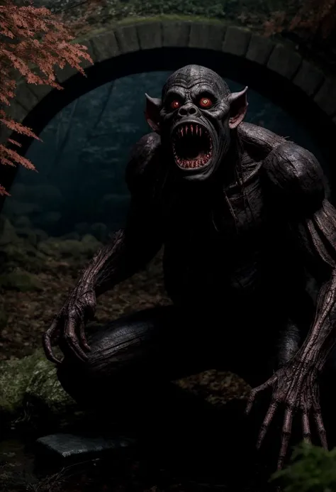 (giant terrifying monstrous troll hiding in the shadows under a stone bridge:1.3) in a grassy meadow, sharp teeth and (glowing eyes), Cinematic film still from (evil dead:0.4)|(cannibal holocaust:0.1)|game of thrones:0.3)|(vikings:0.3)|Scary Stories To Tell In the Dark|doom|the void, dark fantasy style