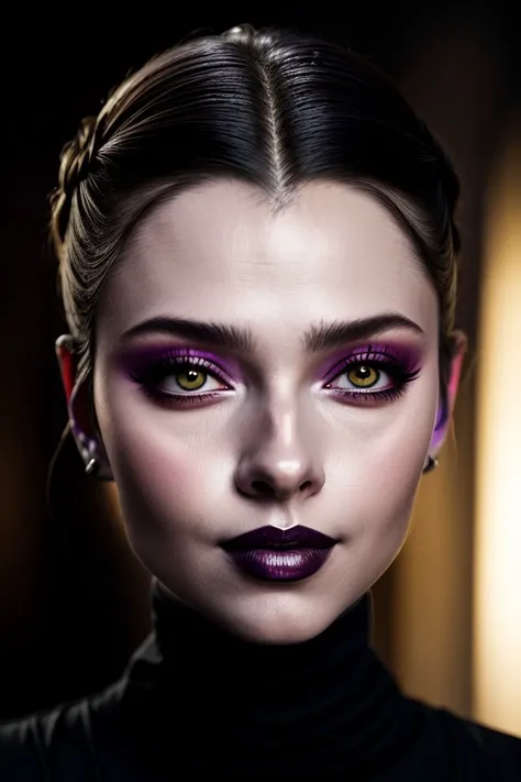 (tenebrist painting, high contrast, dramatic lighting, Caravaggio style:1.15), headshot <lora:sd15_locon_JessyHartel_32_v2-000010:.9> JessyHartel wearing makeup plum lipstick wing eyeliner, focus on smiling face, wearing a turtleneck , her dark violet hair is styled as twisted crown braid,