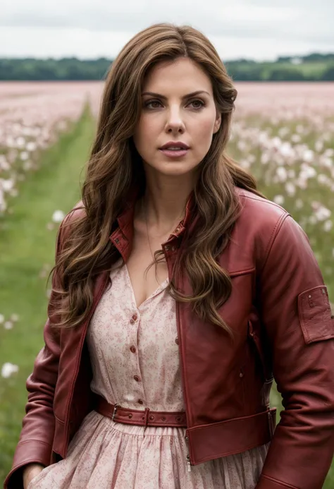((full body portrait)), professional intricately detailed award winning portfolio body photograph, 1girl, Aerith Gainsborough from final fantasy 7 remake, standing in a flower covered meadow, (long flowing (light brown hair:1,1) tied in a large pink bow:1.2)), ((short red leather jacket:1.2) over a beautiful ankle long plain pastel pink low cut cotton dress:1.4), cleavage, flawless skin, (dirty brown work boots, on a beautiful summers day, striking vulpine facial features, small nose, striking mesmerizing blue-green eyes, defined facial features, cheek structure, full body shot, highly detailed, professional, dark deep shadows, (dim lighting:1.3), hard edge lighting, realistic, roughness, detailed background, ultra realistic, photographed on a Canon EOS R5, 50mm lens, F/2.8, HDR, 8k resolution, highres, high detail, sharp focus, smooth, roughness, real life, photorealism, photography, 8k uhd, (Sandra Bullock:0.8)|(Charlize Theron:0.9)|Alexandra Daddario