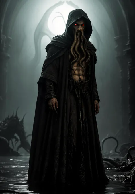 analog, raw, amateur photograph, majestic intricately detailed glamor photograph, (imposing evil cthulhu monster, monstrous eldrich horror, tattered filthy hooded robes, squid face, reflective eyes:1.4), smooth translucent skin, subsurface scattering, detailed (pale sickly wet skin:1.4), tentacle fingers, terrible, in a vast dark destroyed medieval cathedral, crumbling stone work, rubble, (flooded:1.2), regal, hideous, (backlit:1.3), , dynamic angle, professional, soft lighting, smooth, roughness, real life, cinematic film still from (evil dead:0.4)|(cannibal holocaust:0.1)|game of thrones:0.3)|(vikings:0.3)|Scary Stories To Tell In the Dark|doom|the void, dark fantasy style,