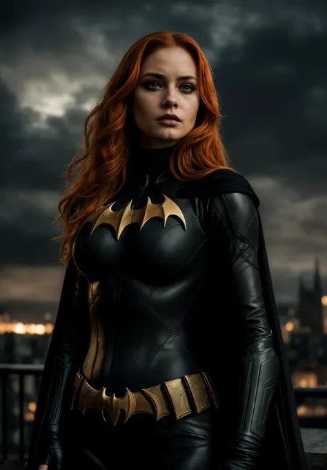 analog, raw, amateur photograph, majestic intricately detailed glamor photograph, night time, long wet wavy (ginger:1.2) hair, ((nubile toned superhero on a gothic cathedral roof top)), (batgirl:1.3), |jennifer connoly|kelly brook, beautiful detailed eyes, ((intense sorrow expression)), vibrant colors, skintight( black orange and gold:1.3) intricately detailed skin tight superhero bodysuit, cape, shoulder pads, ((Gotham city background, dramatic clouds)), (black eyeliner, goth makeup), , dynamic angle, professional, soft lighting, smooth, roughness, real life, cinematic film still from (cannibal holocaust:0.1)|game of thrones:0.3)|(vikings:0.3)|Scary Stories To Tell In the Dark|doom, dark fantasy style,