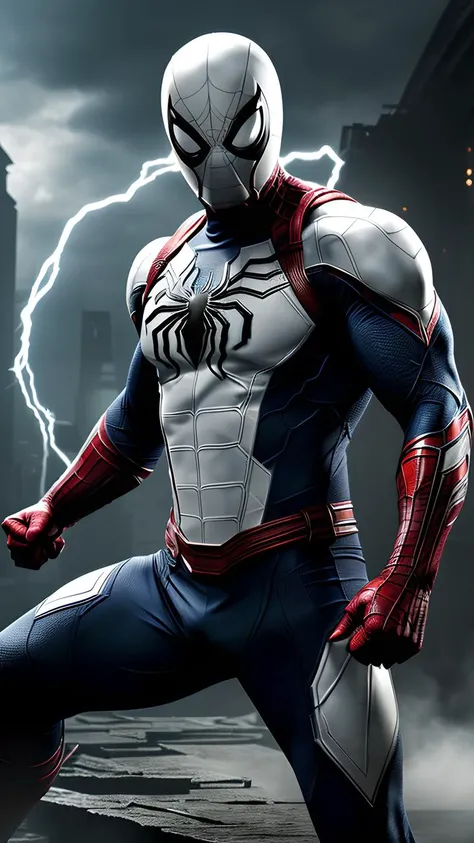 Cinematic film still , SPIDERMAN . ((WHITE ARMOR)),Black SPIDER-MAN LOGO, ULTIMATE MACHINE, HIGH QUALITY, MASTERPIECE, 8K, WHOLE WHITE BODY,(WHITE MASK), (FULL BODY GENERATES ELECTRICITY), REAL LIGHT, (EVIL FACE), WHITE MASK, building, The 8 spider legs on the back glow, (official art),((venom face,white head)),The whole body thundered, , in a fighting stance , white elbow ,Right hand holds Mjolnir ,tay trái cầm khiên captain america
