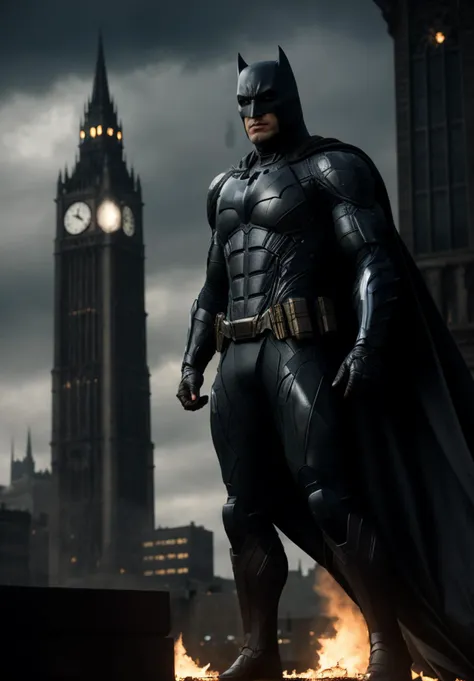 analog, raw, amateur photograph, majestic intricately detailed glamor photograph, (overcast night:1.2), batman standing on a gothic cathedral rooftop, long black cape billowing in the wind, detailed eyes, (hi-tech armored batsuit:1.2), overlooking (a burning Gotham city:1.2), gothic stone architecture, raining,, dynamic angle, professional, soft lighting, smooth, roughness, real life, cinematic film still from the avengers|justice league|man of steel