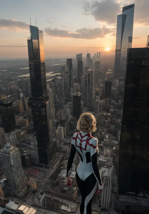 analog, raw, amateur photograph, majestic intricately detailed glamor photograph, (spider gwen standing on top of a skyscraper at sun set:1.3), (short blonde hair, Medium bob:1.1), beautiful detailed face, kate beckinsale|(kate moss:0.7)|jennifer love hewitt, skintight (white:1.1) and (black:0.9) (full body) super hero outfit with a (hood) and a spider symbol), , dynamic angle, professional, soft lighting, smooth, roughness, real life, cinematic film still from the avengers|justice league|man of steel