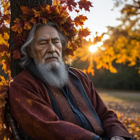 The Autumn King
an old king
sits on a throne of wood
and wears a wreath woven of autumn leaves
elaborately dressed
staring vacantly into the distance
the sun is setting on his reign
his time is near
he is weary
===
detailed photo photorealistic raw candid <lora:LowRA:0.6> detailed face natural skin