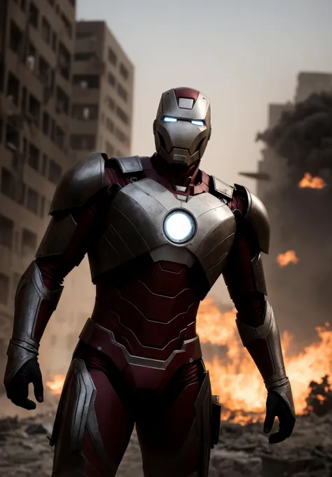 ((full body portrait)), professional intricately detailed award winning portfolio photograph, low angle shot, Ironman in a middle-eastern battlefield, battle scared armor, scratches, scorch marks, reflections, bullet holes, burning building in the background, rubble,