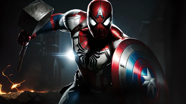 Cinematic film still , SPIDERMAN . ((WHITE ARMOR)),Black SPIDER-MAN LOGO, ULTIMATE MACHINE, HIGH QUALITY, MASTERPIECE, 8K, WHOLE WHITE BODY,(WHITE MASK), (FULL BODY GENERATES ELECTRICITY), REAL LIGHT, (EVIL FACE), WHITE MASK, building, The 8 spider legs on the back glow, (official art),((venom face,white head)),The whole body thundered, , in a fighting stance , white elbow , (Right hand holds hammer Mjolnir ) ,( Left hand holds Captain America shield)