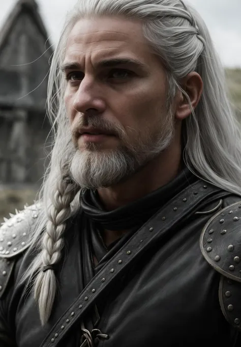 analog, raw, amateur photograph, majestic intricately detailed glamor photograph, ((1man, geralt, intricate details, extreme close up portrait, pale skin)), A grim and determined male warrior with long (white|grey tied back hair:1.5) and a (white|grey beard:1.3), slit (bright yellow eyes:1.5), 35 year old man in a castle courtyard, masculine features, wide jaw, strong brow, grizzled weathered look, sword on back, studded (black leather:1.3) armor, , dynamic angle, professional, soft lighting, smooth, roughness, real life, cinematic film still from (the lord of the rings:1.1)|(cannibal holocaust:0.1)|game of thrones:0.3)|(vikings:0.3)