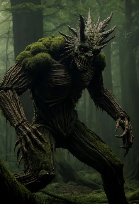 giant, huge tree monster, ent, kaiju, anthropomorphic tree, moss, tree bark skin, humanoid, Cinematic film still from (evil dead:0.4)|(cannibal holocaust:0.1)|game of thrones:0.3)|(vikings:0.3)|Scary Stories To Tell In the Dark|doom|the void, dark fantasy style