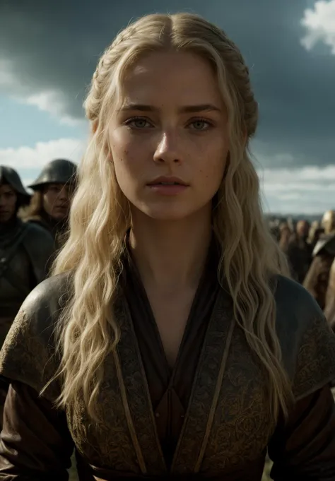 analog, raw, amateur photograph, majestic intricately detailed glamor photograph, ((intricate details, extreme close up portrait, pale skin)), beautiful blonde 20 year old female warrior wearing a (revealing soft light brown embroidered leather outfit), beauty mark, moles, freckles, (bright sky-blue eyes:1.2), crowded and rowdy medieval tavern, mesmerizing eyes, emotive longing expression, (cinematic, film grain:1.1), dynamic angle,, dynamic angle, professional, soft lighting, smooth, roughness, real life, cinematic film still from (the lord of the rings:1.1)|(cannibal holocaust:0.1)|game of thrones:0.3)|(vikings:0.3)