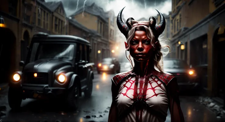 an awarded profesional photography of 1girl tiefling wizard (lred skin, horns, albino eyes,) very long hair spiked hair with hair bow with arm warmers and spider's web with face emotions xd,she make arms up in a in a thunderstorm,,maked with Canon PowerShot G7X MarkIII <lora:RPGTiefling:1> photography by Dan Witz dramatic light,(epic scene:1.3),ultradetialed character with perfect face,detailed skin,(ultrasharp:1.3),(masterpiece:1.1),best quality AS-YoungV2 ,(photorealistic:1.2),ultrarealistic,realistic <lyco:GoodHands-beta2:1> ultradetailed character,4k perfect quality, <lora:runemagic:1>