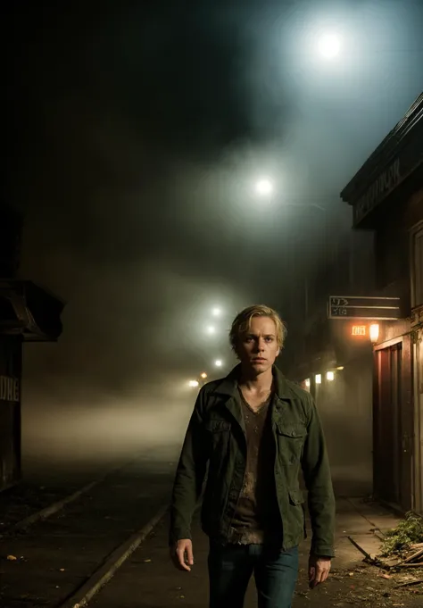 analog, raw, amateur photograph, majestic intricately detailed glamor photograph, (29 year old american man:1.1), (close up upper body portrait:1.2), James Sunderland from Silent Hill 2, terrified, dread, horror, walking the misty streets of Silent Hill, deathly silent ruined American town, detailed eyes, (Wearing a dark green jacket and jeans, (short messy blonde crew cut:1.1), stubble:1.3), george clooney|(Steve Buscemi:0.7), abandoned town center, empty buildings, empty shopfronts, dark somber and gloomy atmosphere, (thick fog, volumetric mist:1.5),( rusted cars:1.2), deep shadows somber,, dynamic angle, professional, soft lighting, smooth, roughness, real life, cinematic film still from (evil dead:0.4)|(cannibal holocaust:0.8)|(lost highway:0.4)|Scary Stories To Tell In the Dark|doom|the void, grim, dark, ominous,