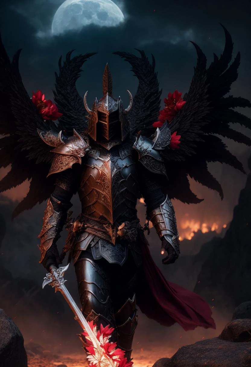((best quality)), ((masterpiece)), ((inked)), (night:1.2), (dynamic action pose:1.3), 1man, majestic intricately detailed soft oil painting by jim lee, body portrait, low angle, a menacing fully armored black knight, (intricately filigreed black armor, scroll worked ebony armor:1.2), full skull styled horned helm, skull faceguard, (black and red feathered wings:1.2), in the haunted dark forest, (twisted gnarled trees:1.3), dramatic cinematic lighting, soft edge lighting, (bloom:1.2), photographed on a Canon EOS R5, 50mm lens, F/2.8, HDR, professional, dramatic cinematic lighting, (backlit:1.2), hard edge lighting, cold vibrant colors, (swirling crimson flower petals:1.3), cinematic Film still from wrath of the titans|the lord of the rings|(darksouls:0.5)|(krull:0.1|the void