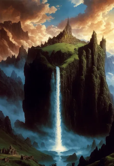 ((best quality)), ((masterpiece)), ((inked)), majestic intricately detailed soft oil painting by jim lee, Majestic vast and beautiful alien fantasy landscape, castles, ruins fortresses, rivers mountains, plains, rainbow color palette, waterfalls forests, depth of field, film grain, smooth, roughness, real life,backlit, hard edge lighting, cinematic Film still from the lord of the rings|krull|cannibal holocaust