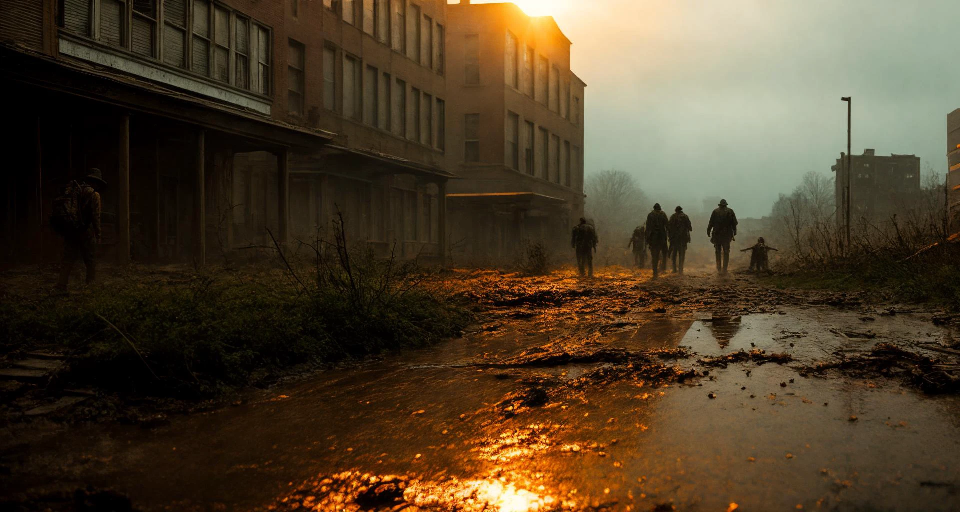 ((best quality)), ((masterpiece)), ((inked)), majestic intricately detailed soft oil painting by jim lee, (landscape shote of a post apocalyptic ruined rainy city:1.2),dusty crumbling rubble, desolate, scorching sun, sun set, somber, (backlit:1.3), highres, depth of field, (deep shadows:1.2), high detail, sharp focus, smooth, roughness, real life, backlit, photorealism, photography, cinematic Film still from the void|the walking dead, with zombies