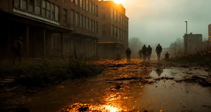 ((best quality)), ((masterpiece)), ((inked)), majestic intricately detailed soft oil painting by jim lee, (landscape shote of a post apocalyptic ruined rainy city:1.2),dusty crumbling rubble, desolate, scorching sun, sun set, somber, (backlit:1.3), highres, depth of field, (deep shadows:1.2), high detail, sharp focus, smooth, roughness, real life, backlit, photorealism, photography, cinematic Film still from the void|the walking dead, with zombies