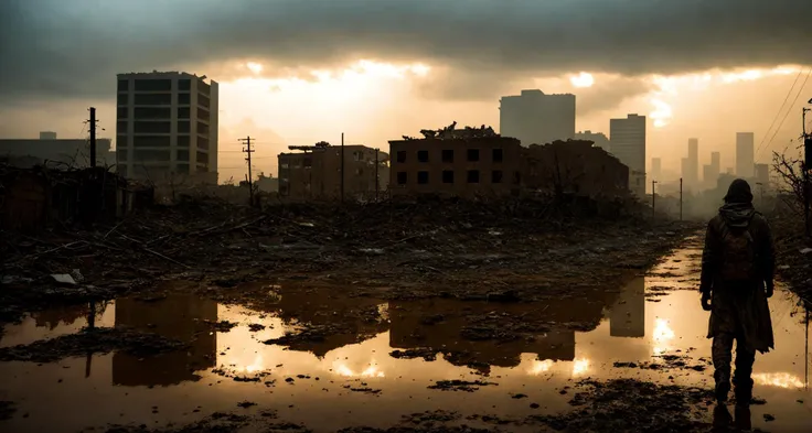 ((best quality)), ((masterpiece)), ((inked)), majestic intricately detailed soft oil painting by jim lee, (landscape shote of a post apocalyptic ruined rainy city:1.2),dusty crumbling rubble, desolate, scorching sun, sun set, somber, (backlit:1.3), highres, depth of field, (deep shadows:1.2), high detail, sharp focus, smooth, roughness, real life, backlit, photorealism, photography, cinematic Film still from the void|the walking dead, with zombies