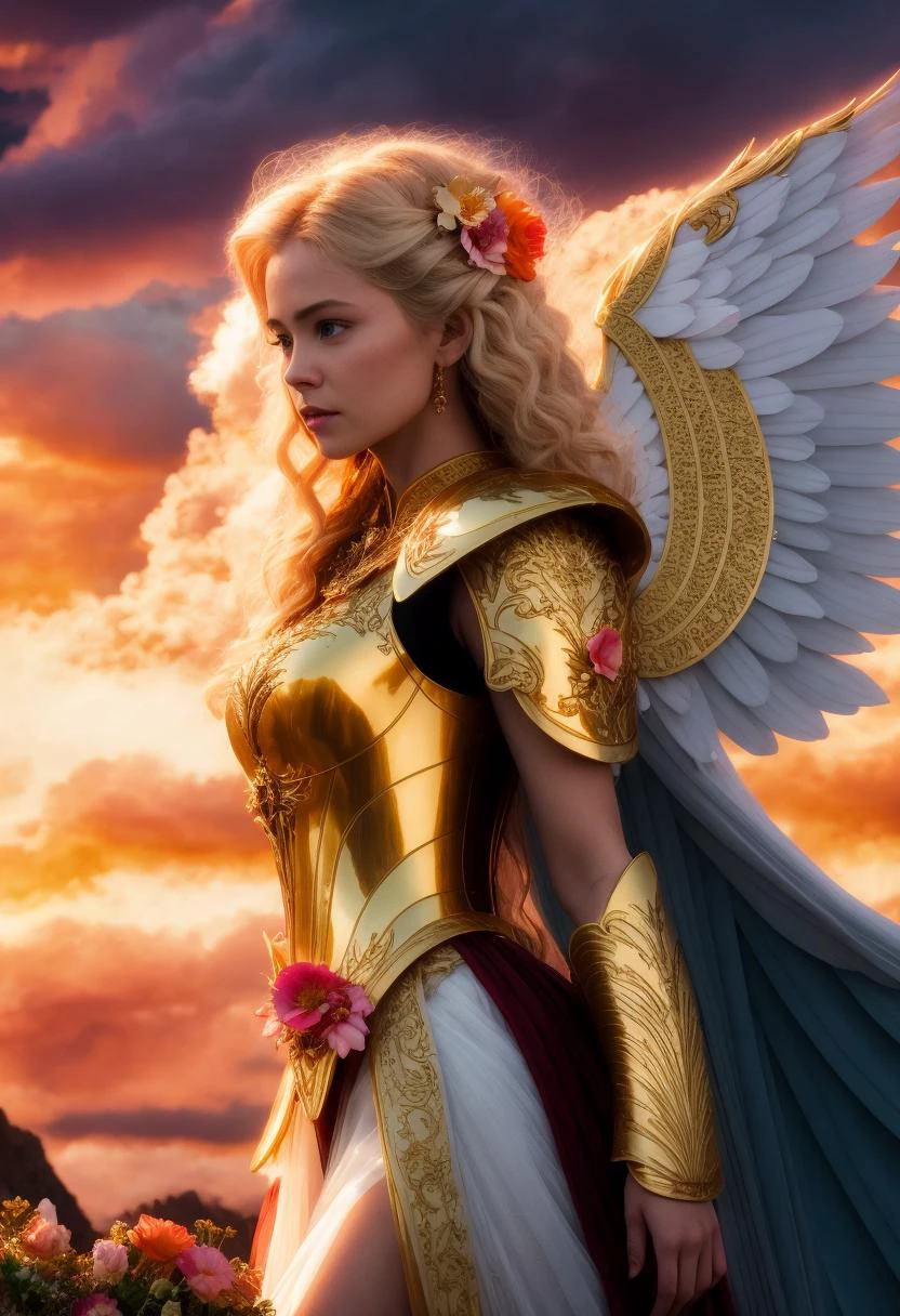 ((best quality)), ((masterpiece)), ((inked)), (sunset:1.2), (dynamic flying action pose:1.3), 1girl, majestic intricately detailed soft oil painting by jim lee, body portrait, low angle, a beautiful blonde blue eyed female archangel, (long blonde curls:1.2), (halo:1.2), Soft facial features, (Cara Delevigne:0.8)|(jennifer connoly:1.1), (white feathered wings:1.2), (white enamel armor with detailed golden inlay scroll work), ((sheer white silk)), (glowing gold halo:1.3), in the sky, (heavenly gold lined clouds background:1.3), professional full body shot, dramatic cinematic lighting, soft edge lighting, (bloom:1.2), photographed on a Canon EOS R5, 50mm lens, F/2.8, HDR, professional, dramatic cinematic lighting, (god rays:1.3), (backlit:1.2), hard edge lighting, warm vibrant colors, (swirling flower petals:1.3), cinematic Film still from wrath of the titans|the lord of the rings|(dogma:0.8)|(krull:0.1|the void