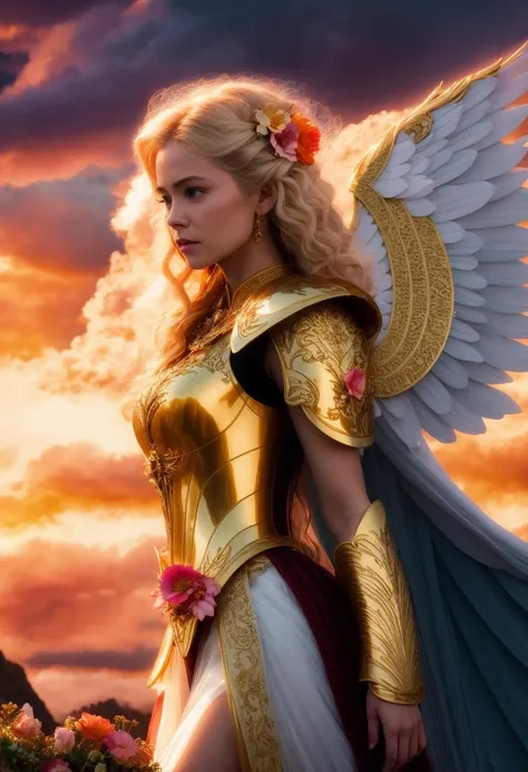 ((best quality)), ((masterpiece)), ((inked)), (sunset:1.2), (dynamic flying action pose:1.3), 1girl, majestic intricately detailed soft oil painting by jim lee, body portrait, low angle, a beautiful blonde blue eyed female archangel, (long blonde curls:1.2), (halo:1.2),  Soft facial features, (Cara Delevigne:0.8)|(jennifer connoly:1.1), (white feathered wings:1.2), (white enamel armor with detailed golden inlay scroll work), ((sheer white silk)), (glowing gold halo:1.3), in the sky, (heavenly gold lined clouds background:1.3), professional full body shot, dramatic cinematic lighting, soft edge lighting, (bloom:1.2),  photographed on a Canon EOS R5, 50mm lens, F/2.8, HDR, professional, dramatic cinematic lighting, (god rays:1.3), (backlit:1.2), hard edge lighting, warm vibrant colors, (swirling flower petals:1.3), cinematic Film still from wrath of the titans|the lord of the rings|(dogma:0.8)|(krull:0.1|the void