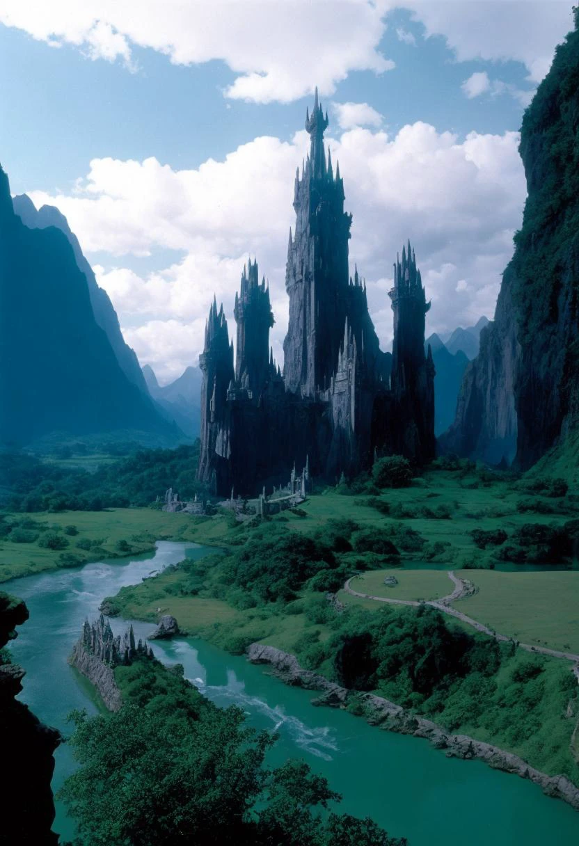 ((best quality)), ((masterpiece)), ((inked)), majestic intricately detailed soft oil painting by jim lee, Majestic vast and beautiful alien fantasy landscape, castles, ruins fortresses, rivers mountains, plains, rainbow color palette, waterfalls forests, depth of field, film grain, smooth, roughness, real life,backlit, hard edge lighting, cinematic Film still from the lord of the rings|krull|cannibal holocaust