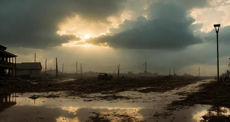 ((best quality)), ((masterpiece)), ((inked)), majestic intricately detailed soft oil painting by jim lee, (landscape shote of a post apocalyptic ruined rainy city:1.2),dusty crumbling rubble, desolate, scorching sun, sun set, somber, (backlit:1.3), highres, depth of field, (deep shadows:1.2), high detail, sharp focus, smooth, roughness, real life, backlit, photorealism, photography, cinematic Film still from the void|the walking dead
