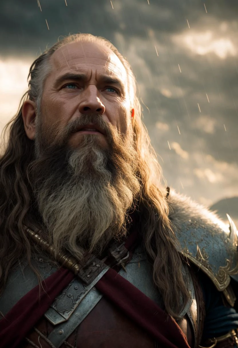 ((best quality)), ((masterpiece)), ((inked)), majestic intricately detailed soft oil painting by jim lee, 1man, (close up portrait:1.1), an old grizzled medieval warrior, elderly war weary grandfather, warpaint, muscular, gray bearded, shaved head, topknot, wet fur armor, weary eyes, cuts scrapes and grazes, (dramatic rain drenched fyords, ocean channel, rocky hills:1.2), sun set, somber, (backlit:1.3), highres, depth of field, (deep shadows:1.2), high detail, sharp focus, smooth, roughness, photographed on a Canon EOS R5, 50mm lens, F/2.8, HDR, real life, backlit, photorealism, photography, cinematic Film still from the lord of the rings|god of war|Wrath of the Titans|the lighthouse