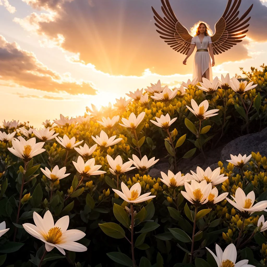 ((best quality)), ((masterpiece)), ((inked)), (sunset:1.2), (dynamic flying action pose:1.3), 1girl, majestic intricately detailed soft oil painting by jim lee, body portrait, low angle, a beautiful blonde blue eyed female archangel, (long blonde curls:1.2), (halo:1.2), Soft facial features, (Cara Delevigne:0.8)|(jennifer connoly:1.1), (white feathered wings:1.2), (white enamel armor with detailed golden inlay scroll work), ((sheer white silk)), (glowing gold halo:1.3), in the sky, (heavenly gold lined clouds background:1.3), professional full body shot, dramatic cinematic lighting, soft edge lighting, (bloom:1.2), photographed on a Canon EOS R5, 50mm lens, F/2.8, HDR, professional, dramatic cinematic lighting, (god rays:1.3), (backlit:1.2), hard edge lighting, warm vibrant colors, (swirling flower petals:1.3), cinematic Film still from wrath of the titans|the lord of the rings|(dogma:0.8)|(krull:0.1|the void