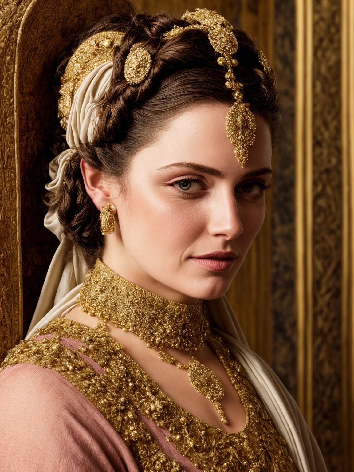 (photorealistic:1.5), highest quality, RAW photo, cinematic composition, side view medium shot of a beautiful woman from ancient Roman empire sitting, (head tilted down, looking down:1.4), (faint smile, pensive look), (wearing a (long loose-fitting cloth:1.2) tunic in roman empire style, rich ancient style body accessories, fabulous diadem), slim-toned body, [small chest], (highly detailed skin, photorealistic skin texture, skin wrinkles, [skin spots]), wrinkles in clothing, indoor, (ancient Roman empire hairstyle|clothes|furniture|background), (highly detailed background:1.4), (abundant details, intricate details:1.2), highly detailed clothes, (colour variety:1.2), dramatic lighting, sharp focus, 8k, highly detailed, UHD, HDR, Asian-Less-Toon, Asian-Less, <lora:add_detail:1>
