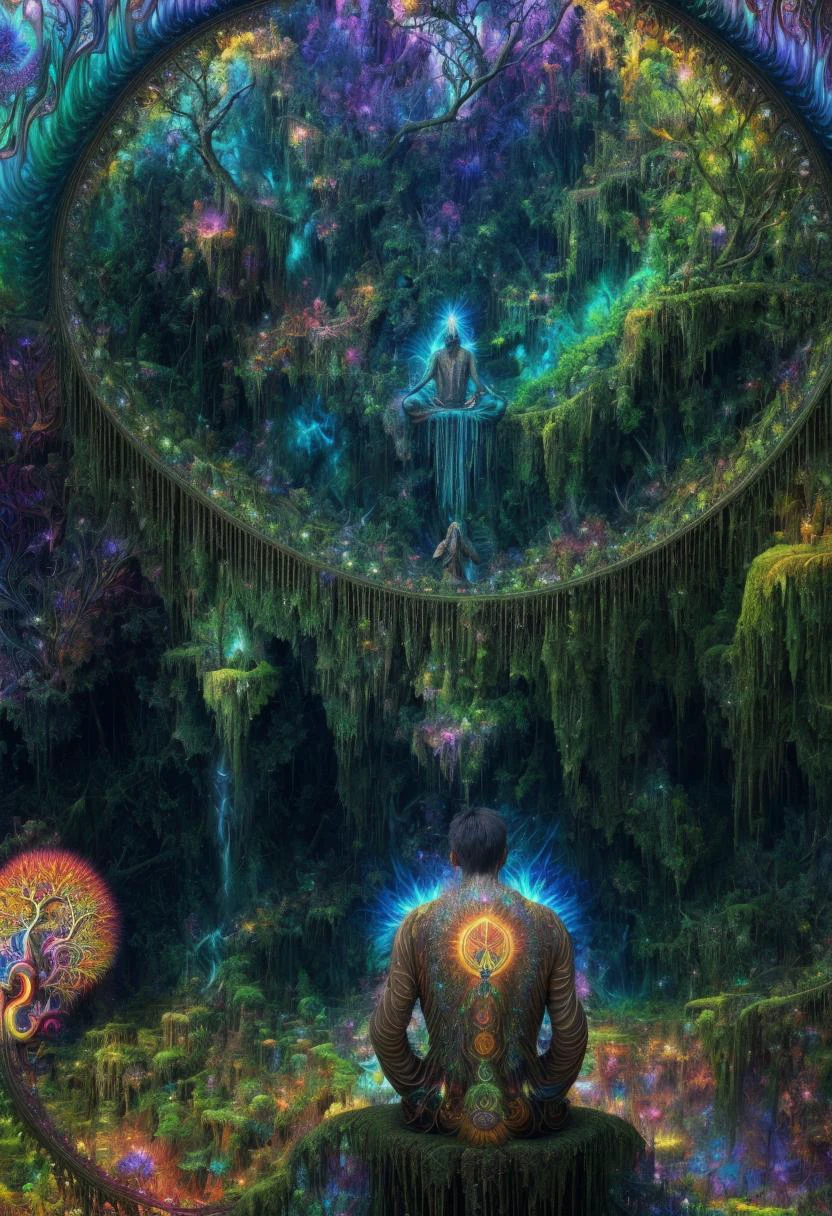 ((best quality)), ((masterpiece)), ((ultra realistic)), ((surrealism style)), beautiful intricately detailed soft oil painting of a male shaman performing a ritual in a rain-forest hut, portrait of 1man sitting in meditation, (colorful magical energy flowing through the air, repeating fractal patterns, trippy:1.7), rickety wooden building, wearing intricately detailed primitive tribal garb, bone jewelry, by a vast water fall in the dense jungle, ((wildlife everywhere)), god rays, diffuse lighting,