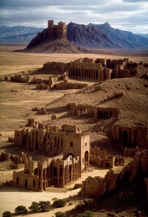 ((best quality)), ((masterpiece)), ((inked)), majestic intricately detailed soft oil painting by jim lee, (epic landscape shot of an ancient vast ruined palace in the desert:1.2), columns, crumbling stone palaces, broken spires, shattered masonry, arizona, desolate, scorching sun, sun set, somber, (backlit:1.3), highres, depth of field, (deep shadows:1.2), high detail, sharp focus, smooth, roughness, real life, backlit, photorealism, photography, cinematic Film still from the lord of the rings|(game of thrones:0.4)|(krull:0.2)