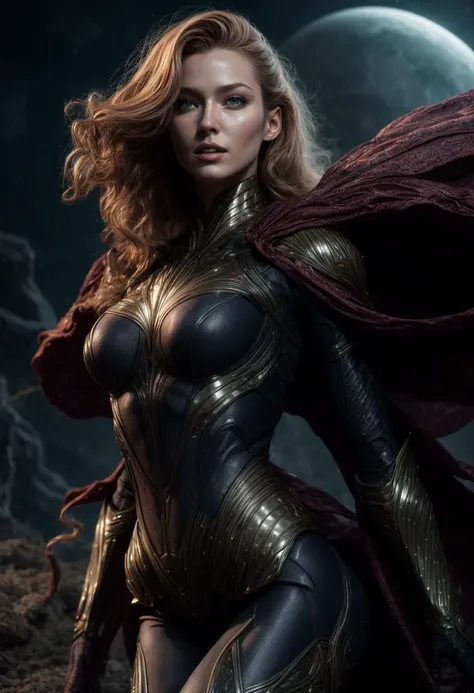 ((best quality)), ((masterpiece)), ((inked)), ((dynamic sexy action pose)), professional intricately detailed award winning full body soft oil painting, image by jim lee of nubile redhead superhero on on an alien world, wavy ginger hair, beautiful detailed eyes, ((worried expression)), skintight superhero outfit, cape, shoulder pads, short pleated skirt, long legs, thigh boots, white panties, toned body, unearthly terrain, alien plants, soft edge lighting, highly detailed, ((close up full body portrait)), professional, soft volumetric lighting, lens flares,