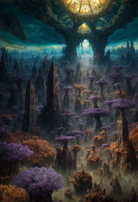 ((best quality)), ((masterpiece)), ((ultra realistic)), ((high fantasy style|tim burton style)), beautiful intricately detailed soft oil painting by mc escher|jim lee of a of an impossible landscape, chaos, (Kaleidoscope dimensional rift:1.4), infinite falling broken biomes, aquatic, grassland, forest, desert, tundra, cinematic film still from krull|doctor strange, vibrant trippy colors,