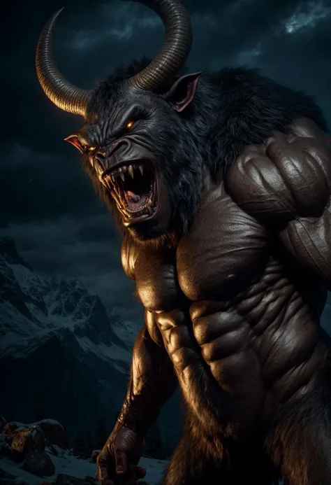 ((best quality)), ((masterpiece)), ((ultra realistic)), ((night)), RAW, Analog, dark , ((full body shot of a giant angry ogre)), terrifying detailed monstrous face, long horns, ((fur covered body, dark gray skin)), muscular body, on a snowy mountainous pass, moonlight, photographed on a Canon EOS R5, 50mm lens, F/2.8, HDR, 8k resolution, highres, high detail, sharp focus, smooth, roughness, real life, photorealism, photography, 8k uhd, backlit, hard edge lighting, deep shadows